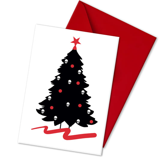 A5 glossy portrait Christmas card on white with black tree silhouette decorated with small skull baubles and a red pentacle star topper, red sweep at base. Includes red envelope. Blank inside.