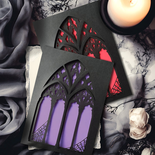 black, triple layered greeting card with a cut-out gothic arch design. available in purple, red and heart motif. perfect for weddings, anniversaries and birthdays, also as a framed keepsake.