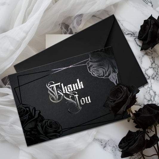 Handmade gothic thank you card with black rose foil and silver Victorian lettering. Blank inside, perfect for gothic, emo, dark fantasy, or horror lovers, it’s a striking alternative to the usual plain thank-you notes.