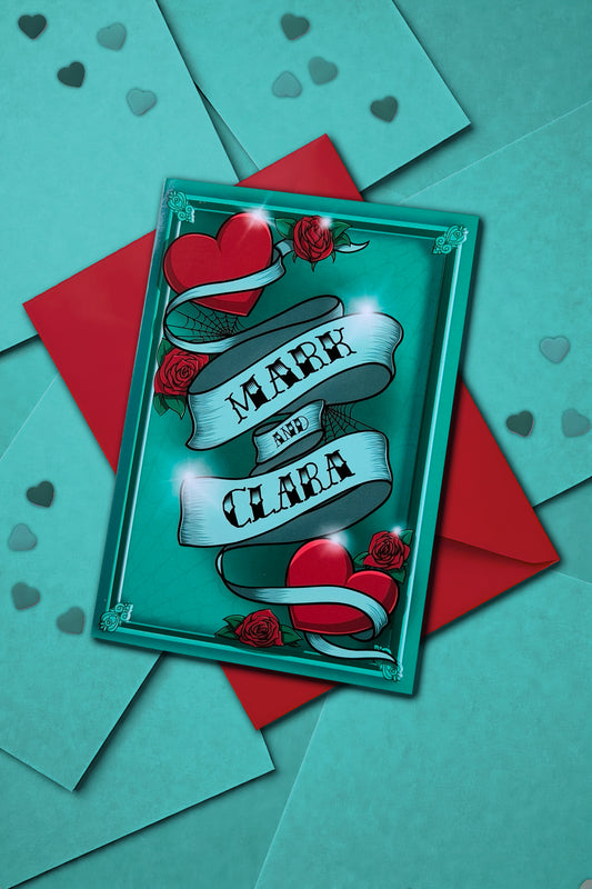 A5 personalised Valentine card in traditional tattoo style with a bold heart and banner for custom names or date, surrounded by dark linework and deep colour. Gothic romantic vibe. Blank inside with matching envelope.