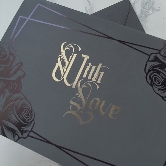 Black Rose Foiled With Love Card features deep black foiled roses and ornate silver foiled Victorian lettering reading “With Love.” 