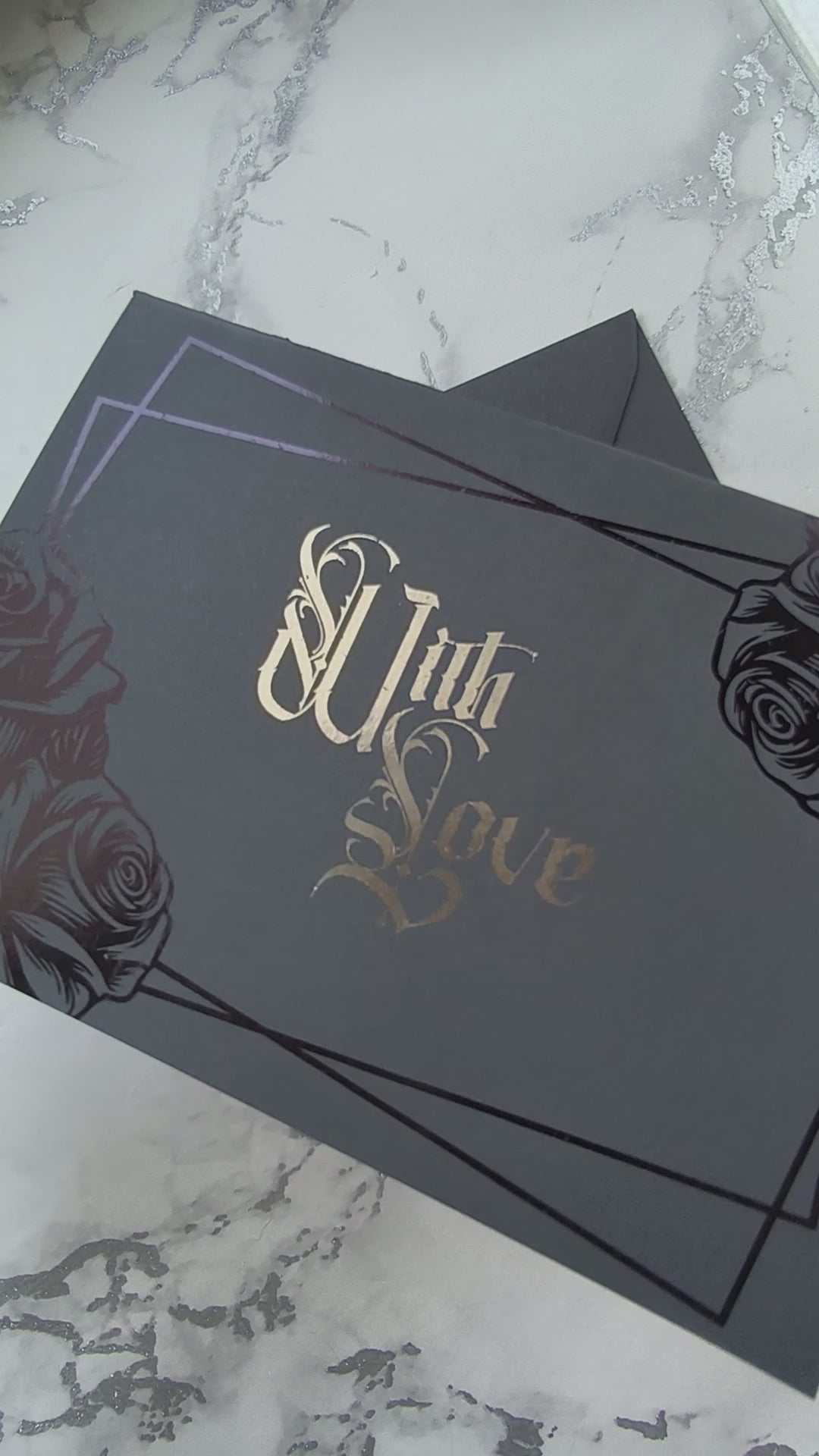 Black Rose Foiled With Love Card features deep black foiled roses and ornate silver foiled Victorian lettering reading “With Love.” 