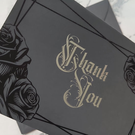 Handmade gothic thank you card with black rose foil and silver Victorian lettering. Blank inside, perfect for gothic, emo, dark fantasy, or horror lovers, it’s a striking alternative to the usual plain thank-you notes.