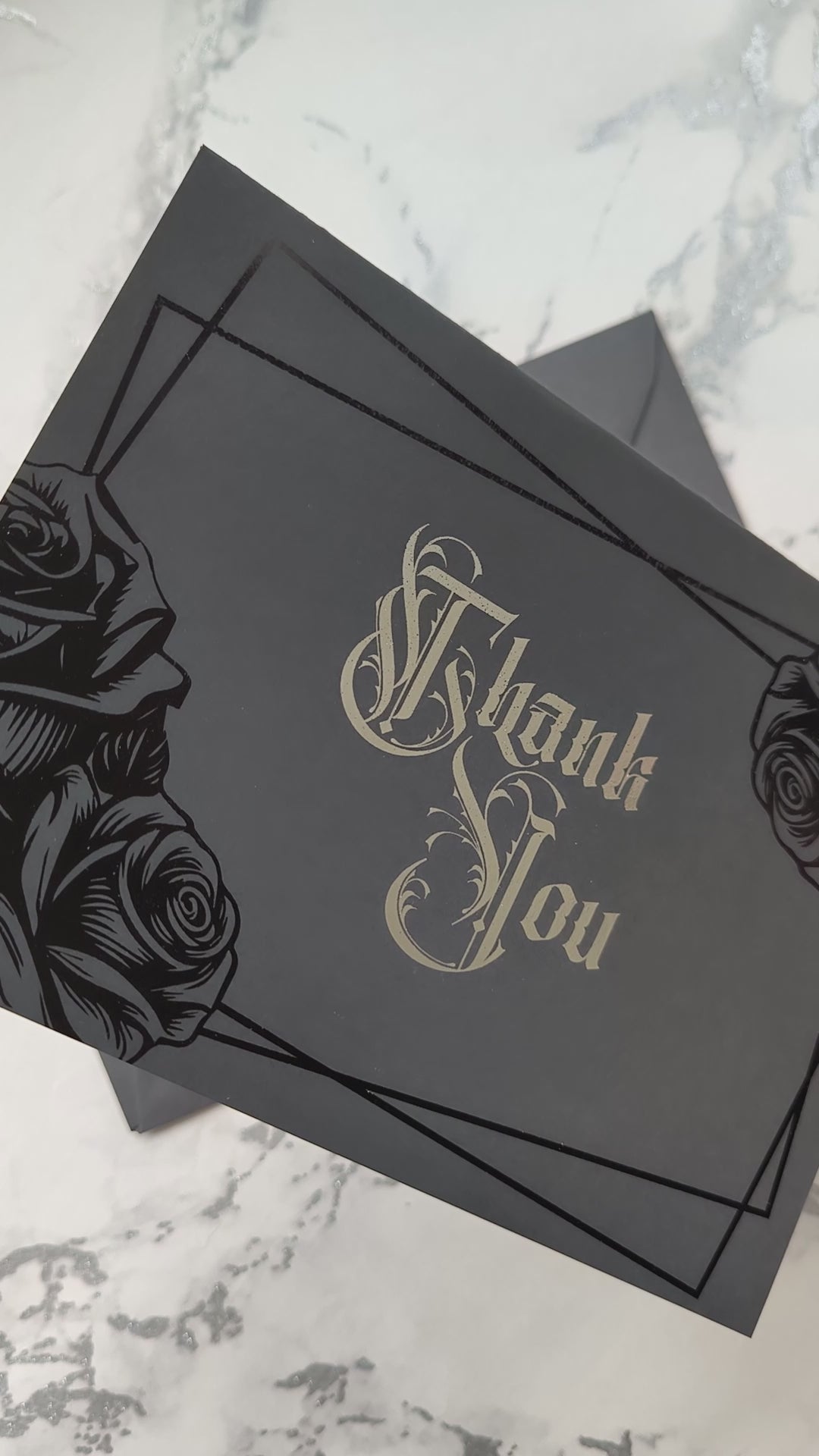 Handmade gothic thank you card with black rose foil and silver Victorian lettering. Blank inside, perfect for gothic, emo, dark fantasy, or horror lovers, it’s a striking alternative to the usual plain thank-you notes.